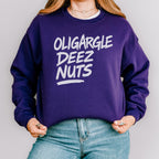 Oligargle Deez Nuts graphic sweatshirt featuring Anti-Oligarchy Political Satire Designz