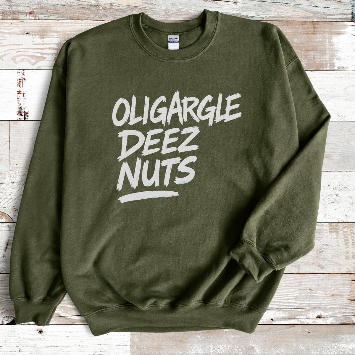 Oligargle Deez Nuts graphic sweatshirt featuring Anti-Oligarchy Political Satire Designz