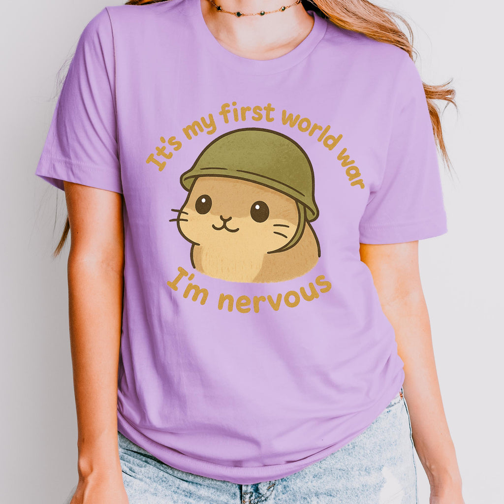 It’s My First World War, I’m Nervous graphic shirt featuring Nervous Hamster Meme