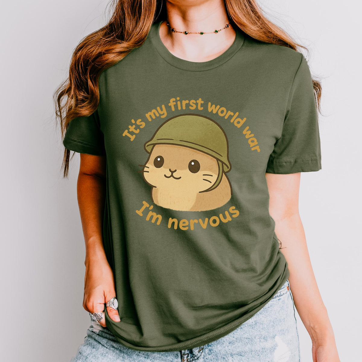 It’s My First World War, I’m Nervous graphic shirt featuring Nervous Hamster Meme