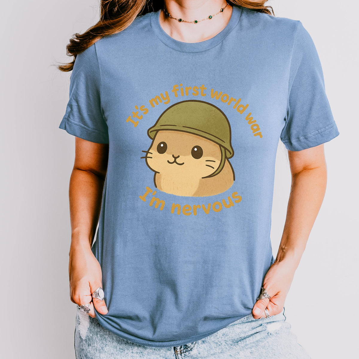 It’s My First World War, I’m Nervous graphic shirt featuring Nervous Hamster Meme