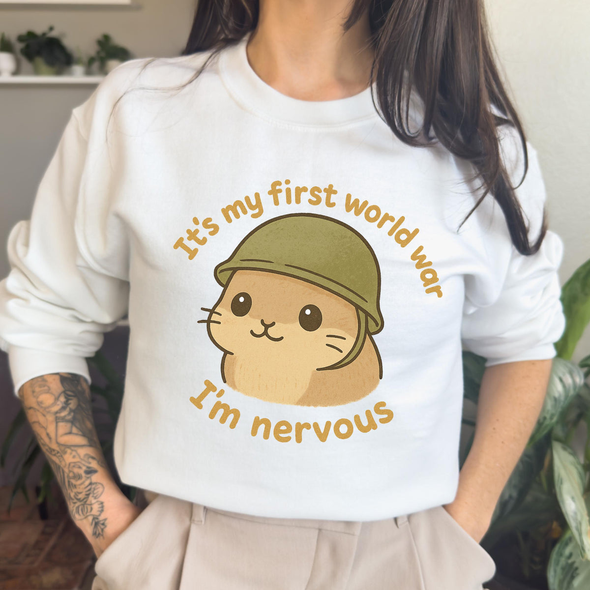 It’s My First World War, I’m Nervous graphic sweatshirt featuring Nervous Hamster Meme in Black