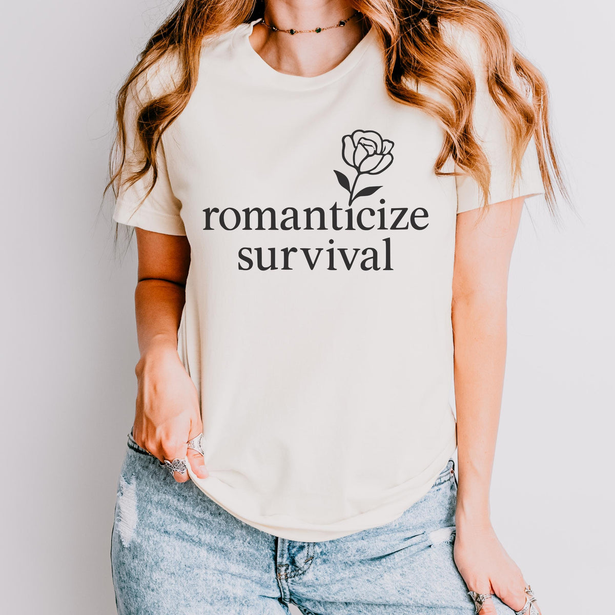 Additional photo of Romanticize Survival — Minimalist Floral Dark Humor Design T-shirt