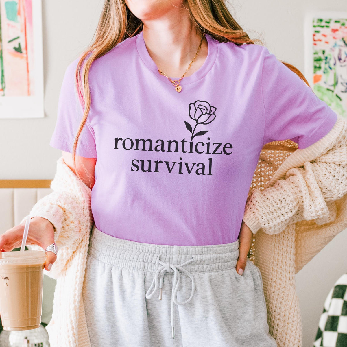 Additional photo of Romanticize Survival — Minimalist Floral Dark Humor Design T-shirt