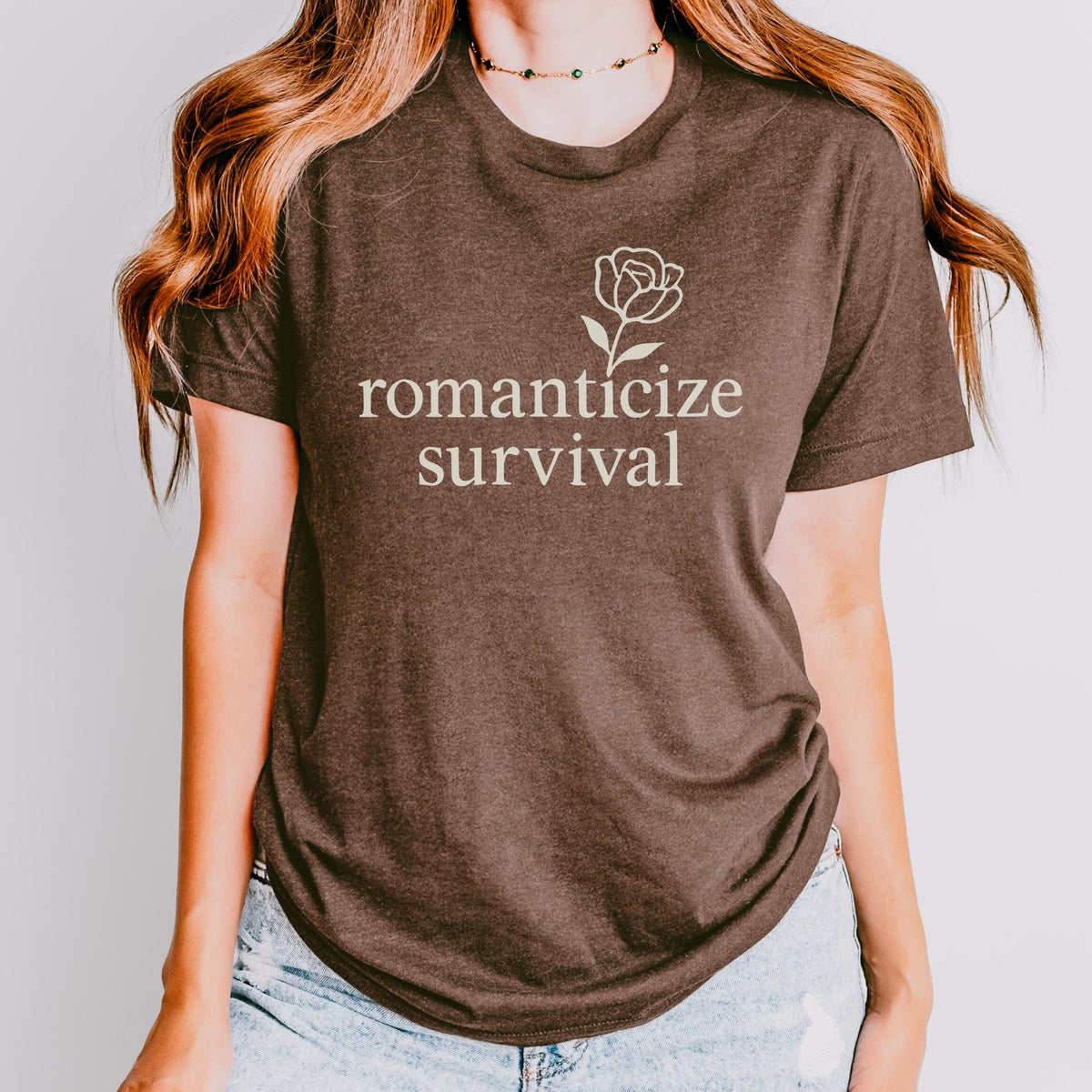 Additional photo of Romanticize Survival — Minimalist Floral Dark Humor Design T-shirt