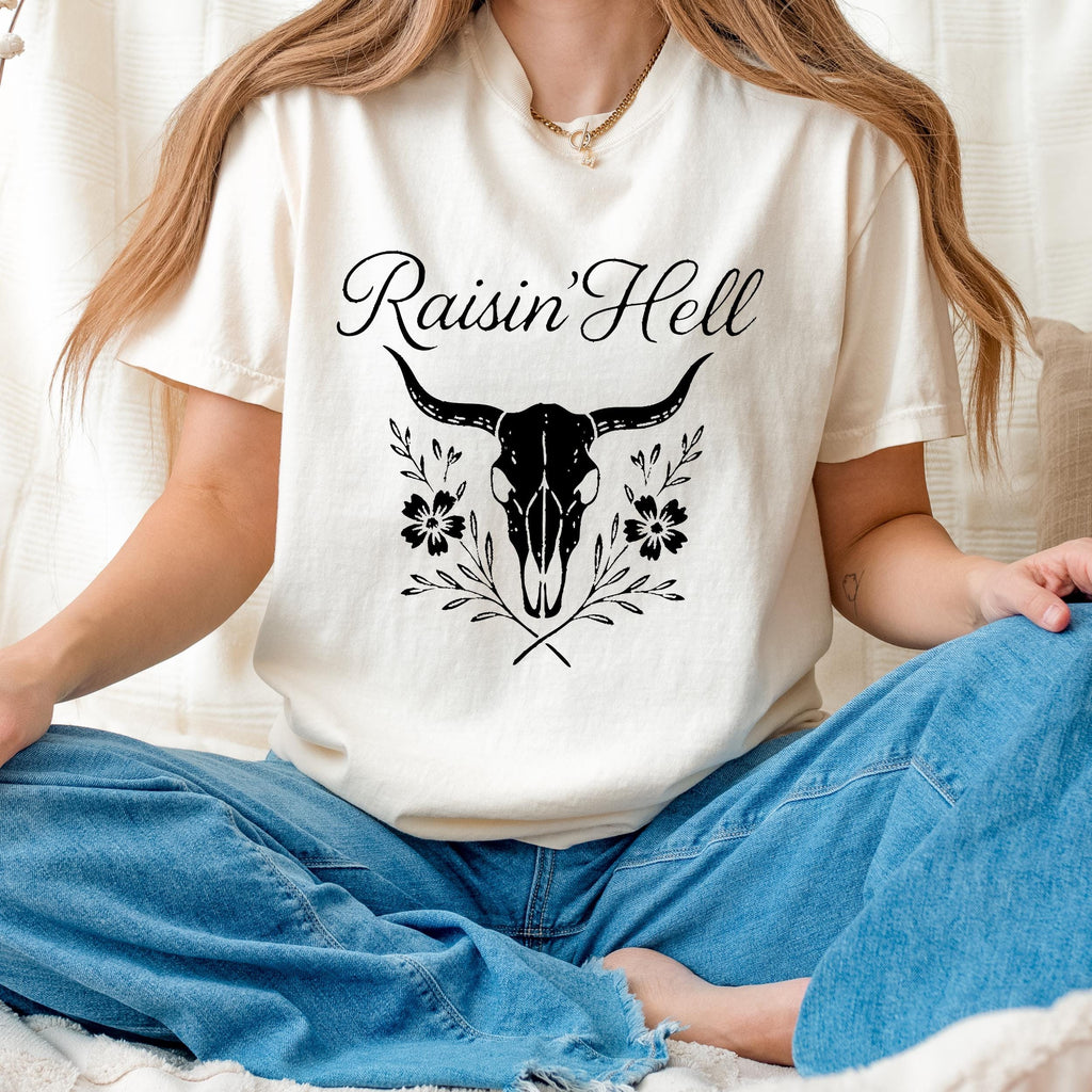 Additional photo of Raisin’ Hell — Western Cow Skull Floral Design T-shirt