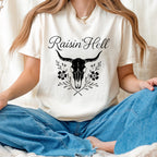 Additional photo of Raisin’ Hell — Western Cow Skull Floral Design T-shirt