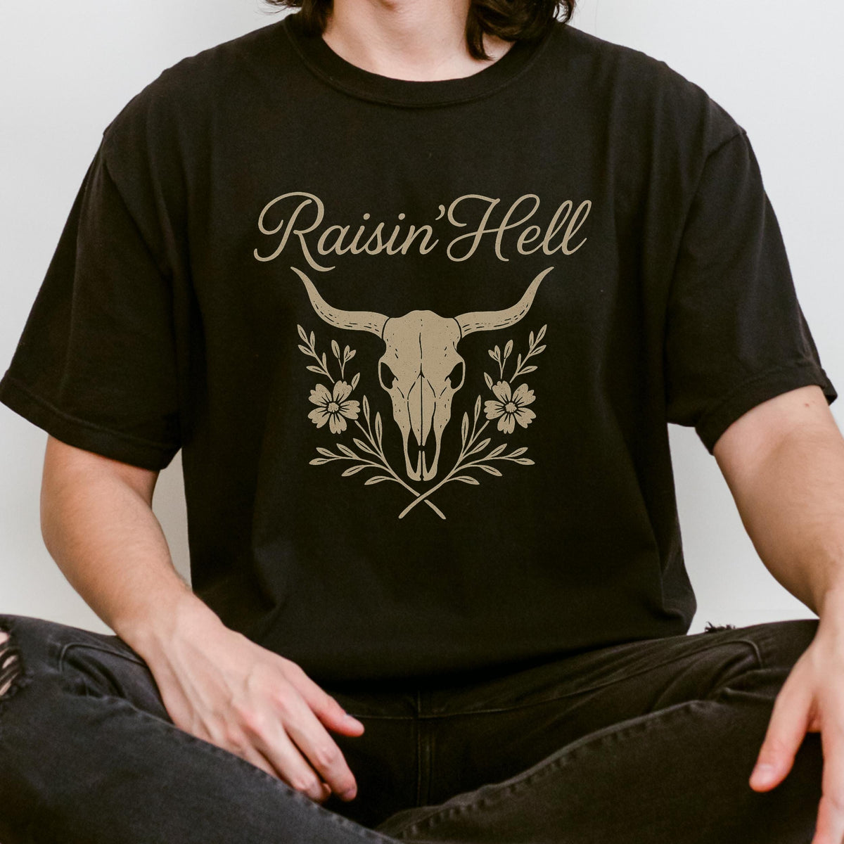 Additional photo of Raisin’ Hell — Western Cow Skull Floral Design T-shirt