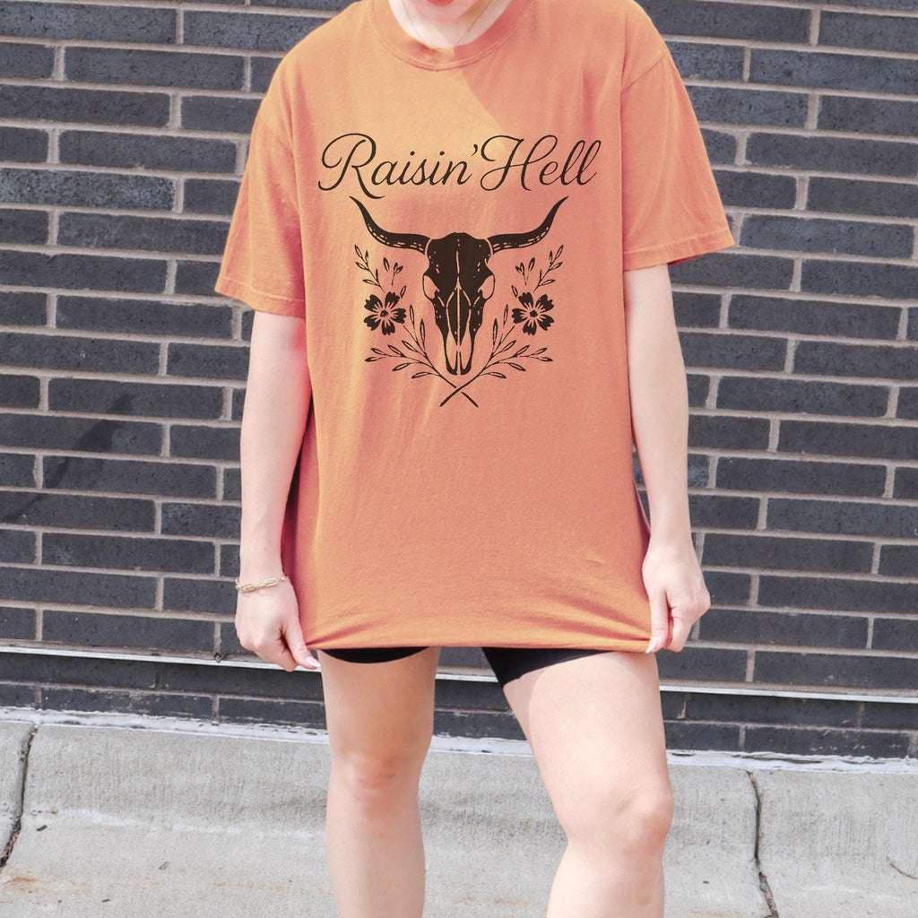 Additional photo of Raisin’ Hell — Western Cow Skull Floral Design T-shirt