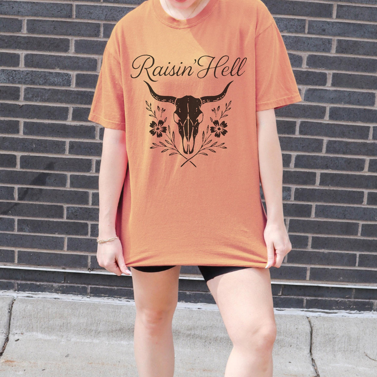 Additional photo of Raisin’ Hell — Western Cow Skull Floral Design T-shirt