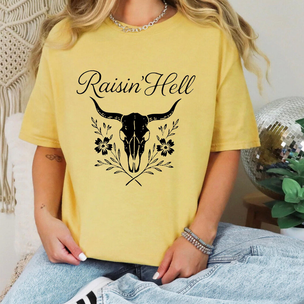 Additional photo of Raisin’ Hell — Western Cow Skull Floral Design T-shirt