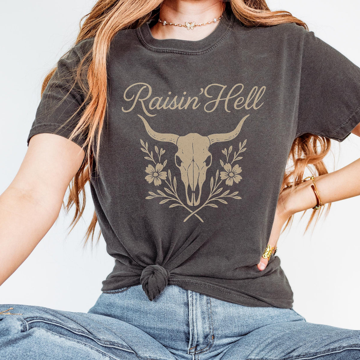 Additional photo of Raisin’ Hell — Western Cow Skull Floral Design T-shirt