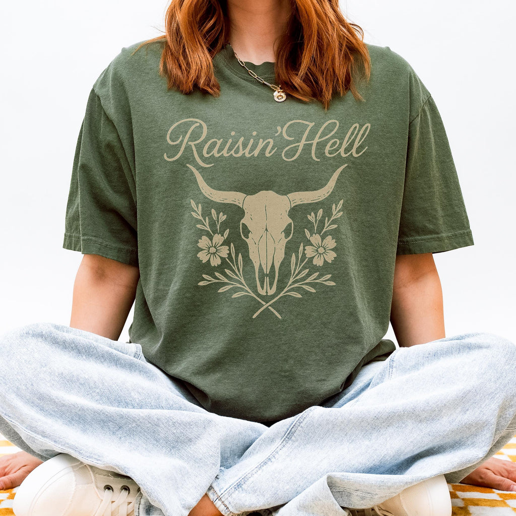 Additional photo of Raisin’ Hell — Western Cow Skull Floral Design T-shirt
