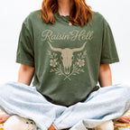 Additional photo of Raisin’ Hell — Western Cow Skull Floral Design T-shirt