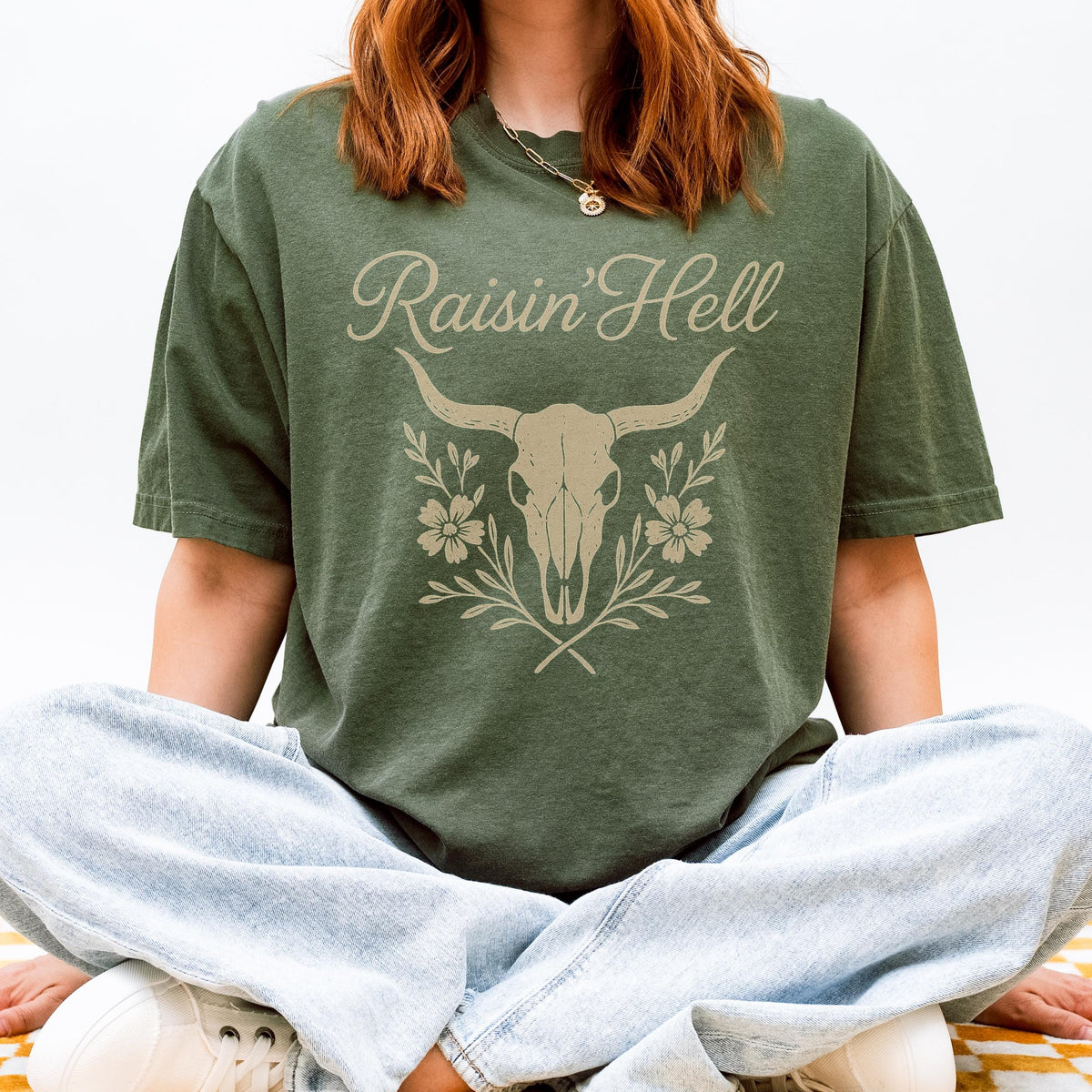 Additional photo of Raisin’ Hell — Western Cow Skull Floral Design T-shirt