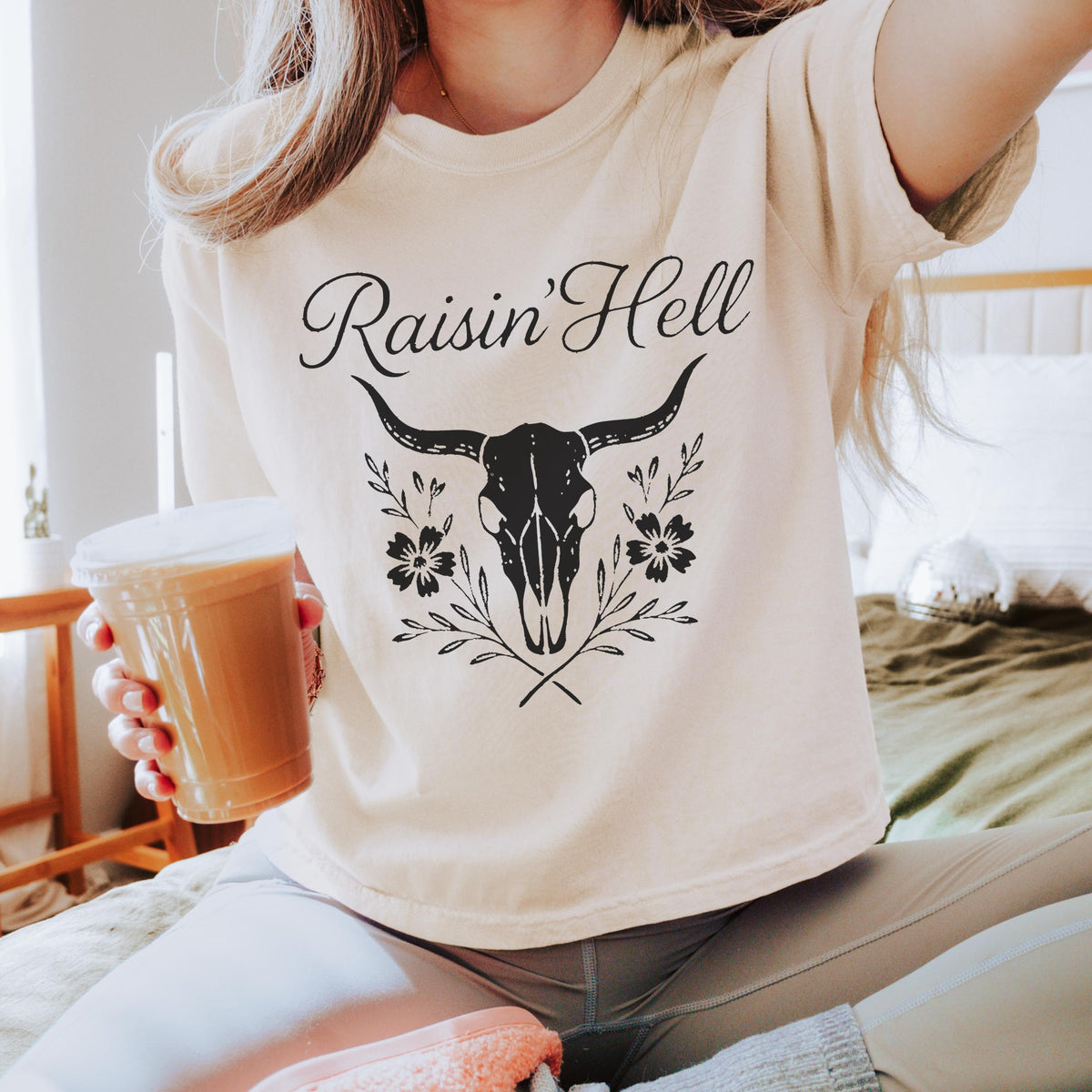 Additional photo of Raisin’ Hell — Western Cow Skull Floral Design T-shirt