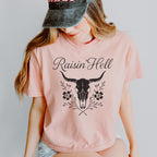 Additional photo of Raisin’ Hell — Western Cow Skull Floral Design T-shirt