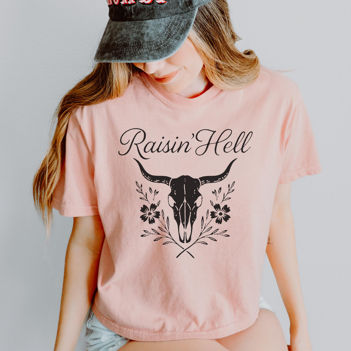 Additional photo of Raisin’ Hell — Western Cow Skull Floral Design T-shirt