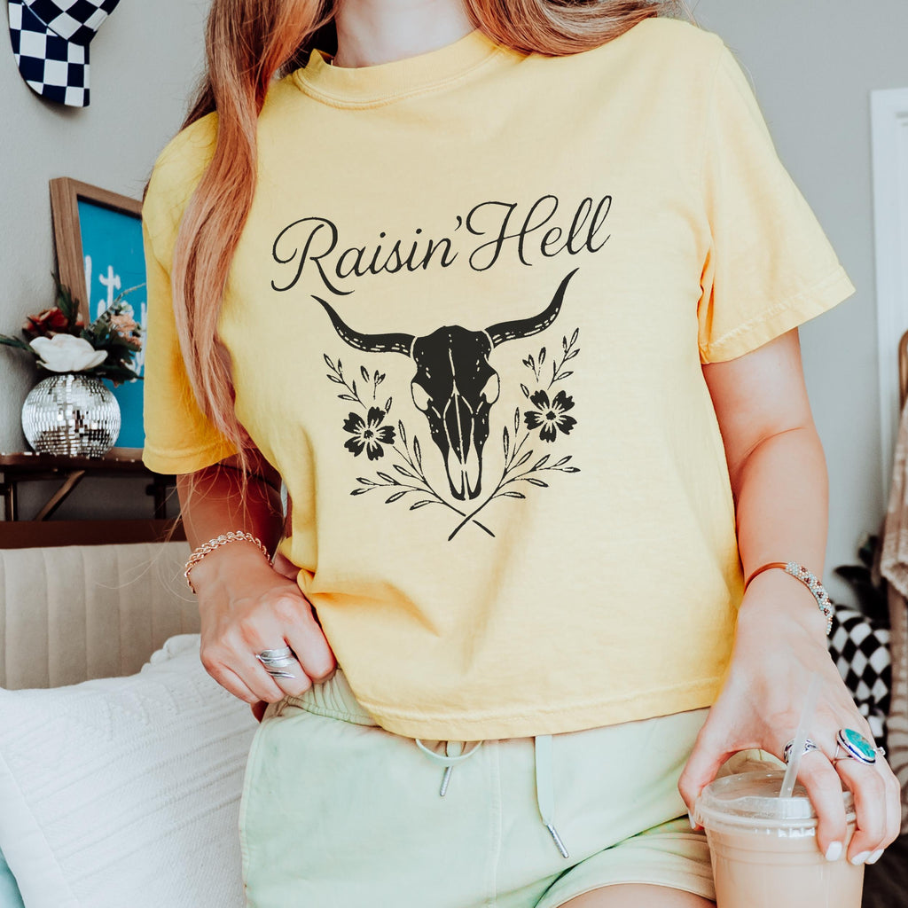 Additional photo of Raisin’ Hell — Western Cow Skull Floral Design T-shirt