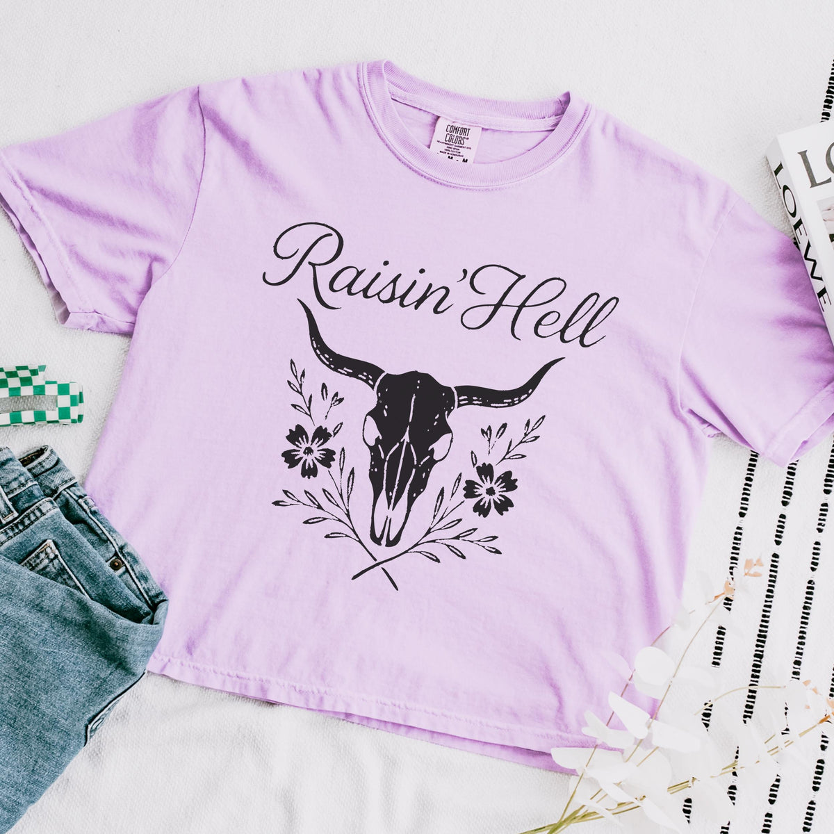 Additional photo of Raisin’ Hell — Western Cow Skull Floral Design T-shirt