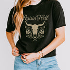 Additional photo of Raisin’ Hell — Western Cow Skull Floral Design T-shirt