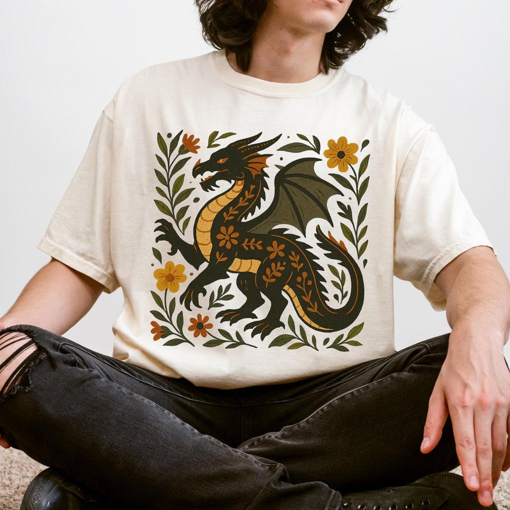 Product photo of Black Folk Art Dragon Graphic T-shirt