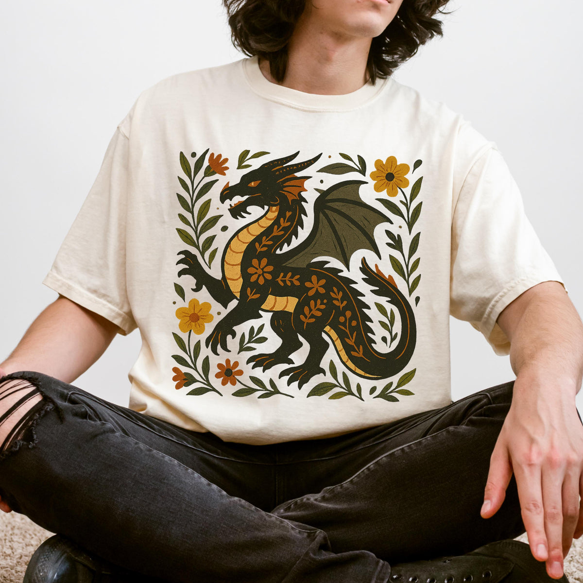 Product photo of Black Folk Art Dragon Graphic T-shirt