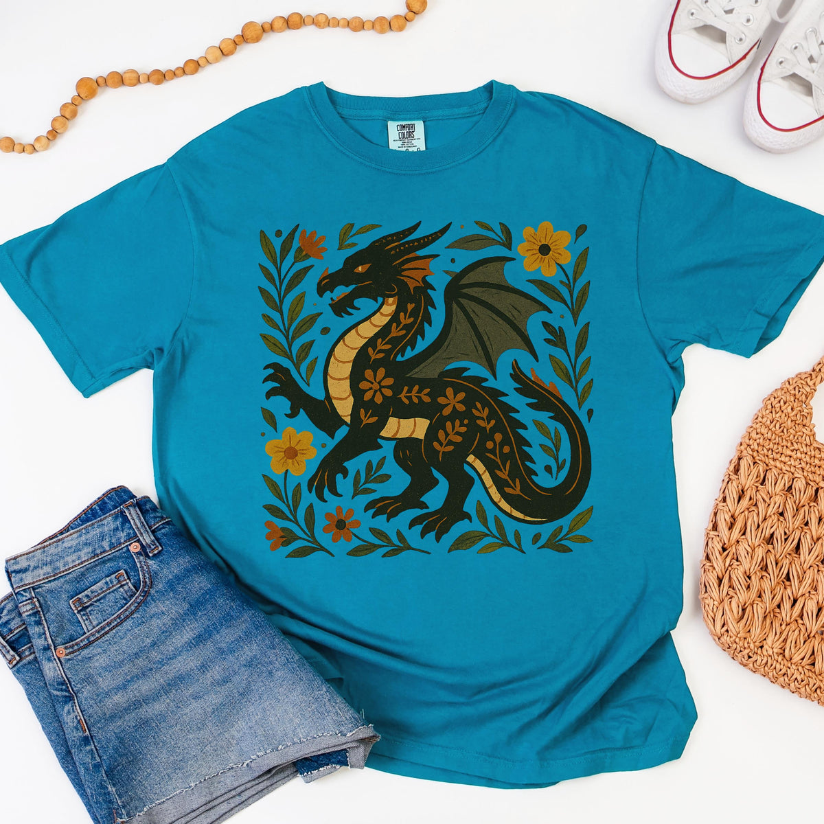 Additional photo of Black Folk Art Dragon Graphic T-shirt