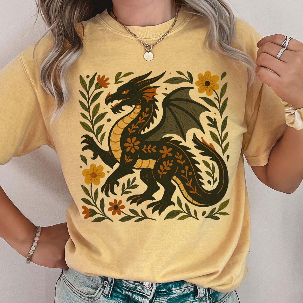Additional photo of Black Folk Art Dragon Graphic T-shirt