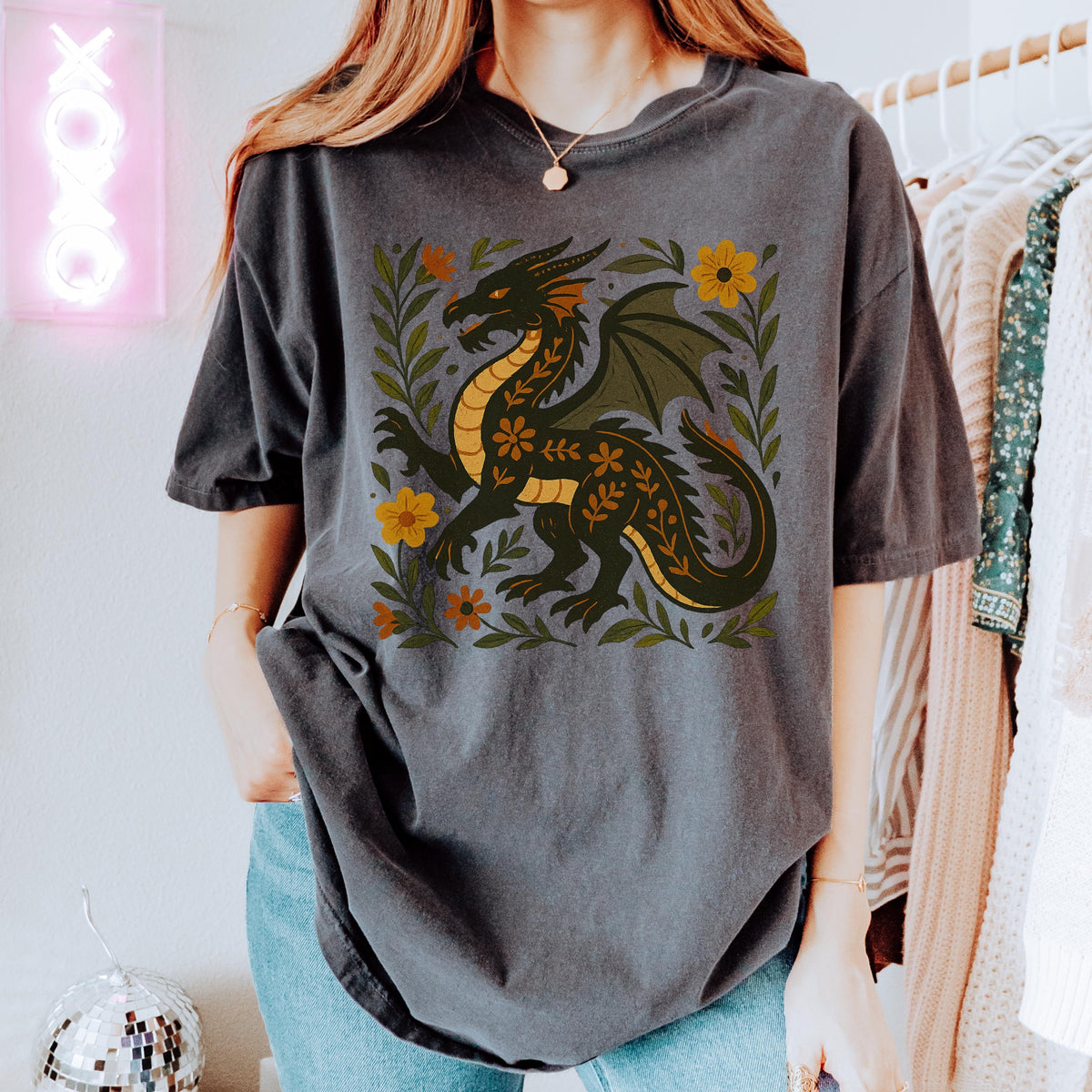 Additional photo of Black Folk Art Dragon Graphic T-shirt
