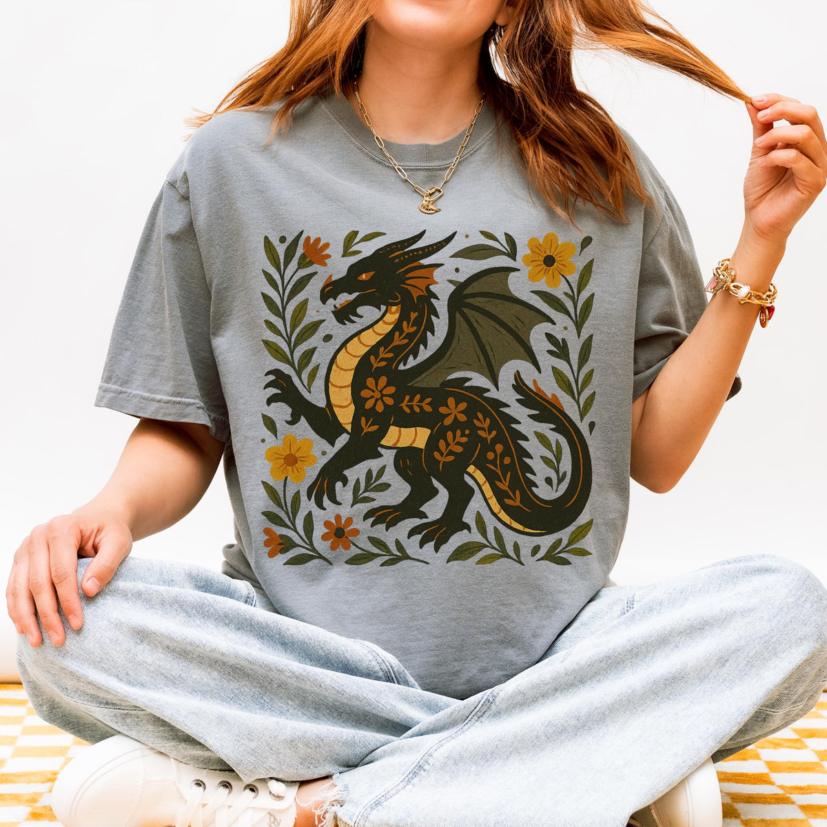 Additional photo of Black Folk Art Dragon Graphic T-shirt