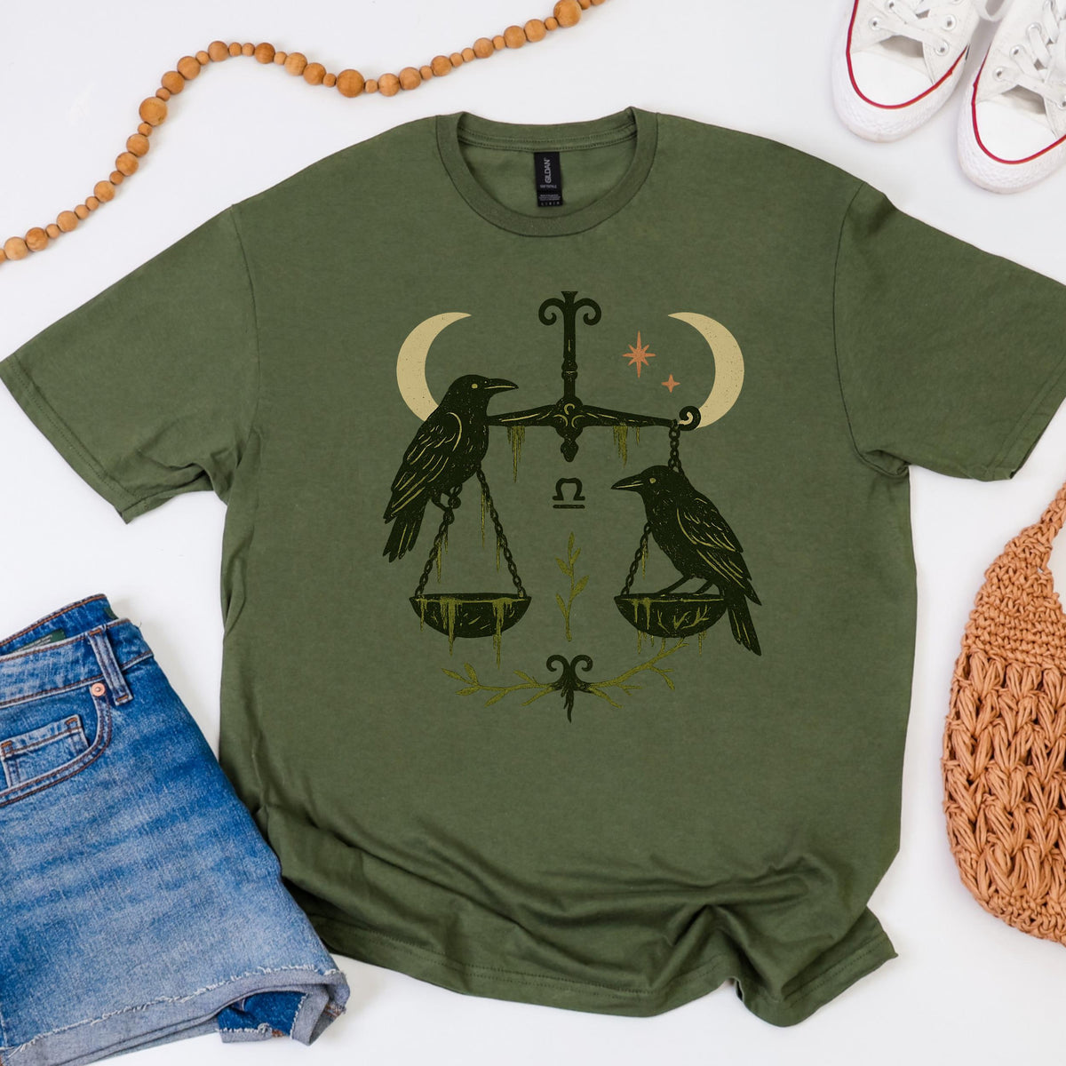Additional photo of Libra Zodiac Ravens & Scales Graphic T-shirt