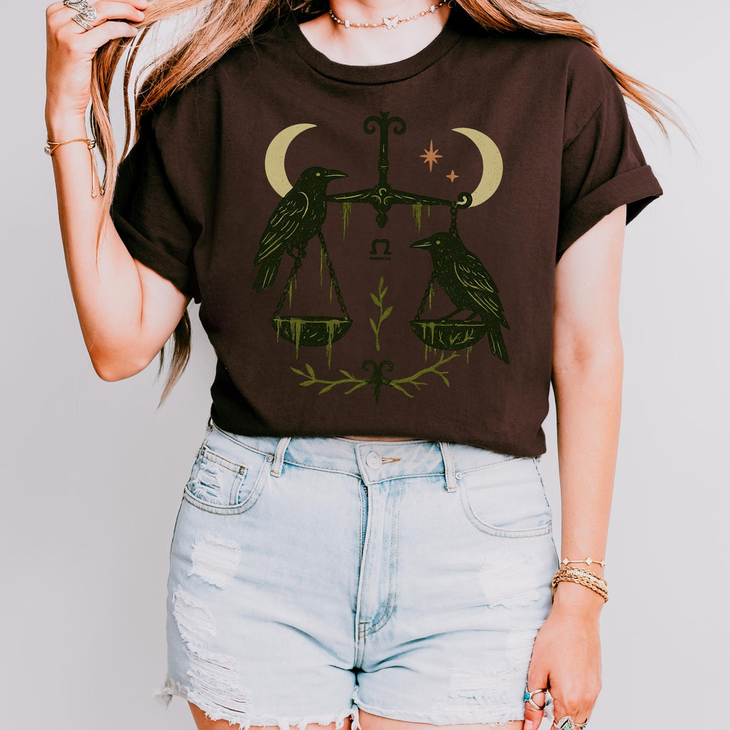 Additional photo of Libra Zodiac Ravens & Scales Graphic T-shirt