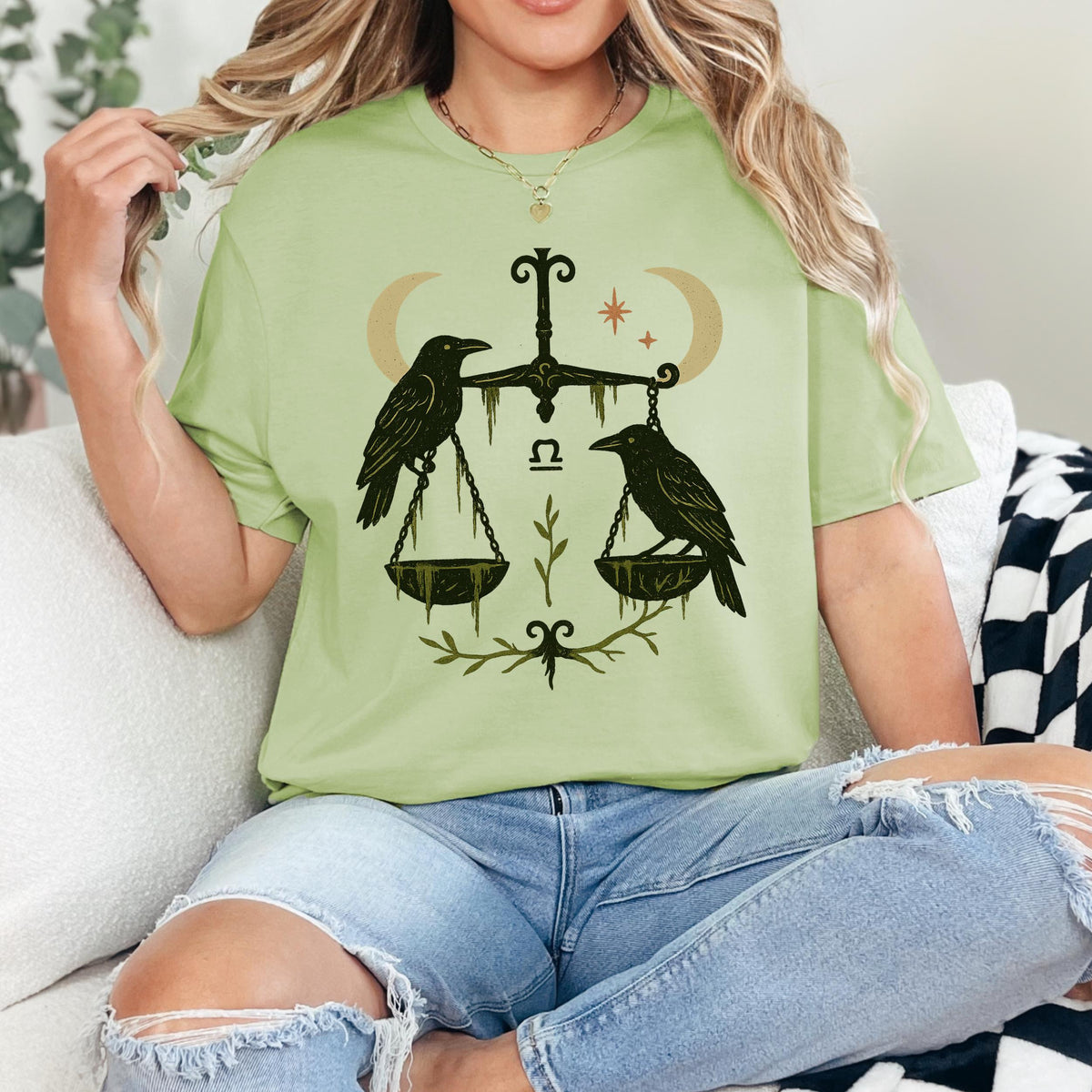 Additional photo of Libra Zodiac Ravens & Scales Graphic T-shirt