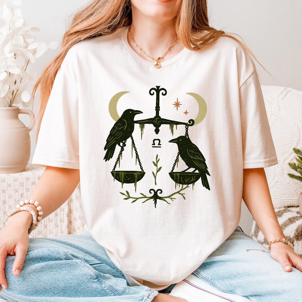 Additional photo of Libra Zodiac Ravens & Scales Graphic T-shirt