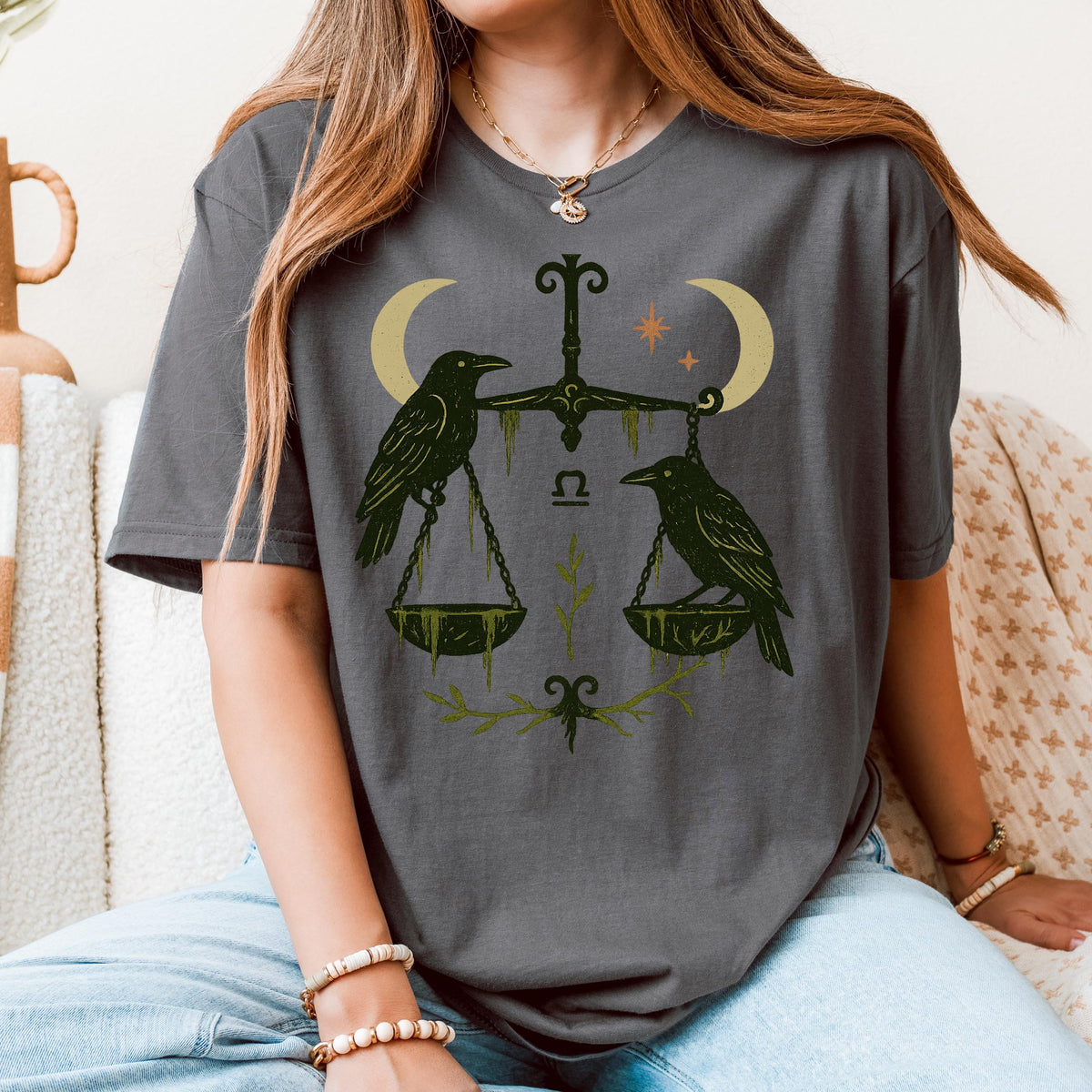 Additional photo of Libra Zodiac Ravens & Scales Graphic T-shirt