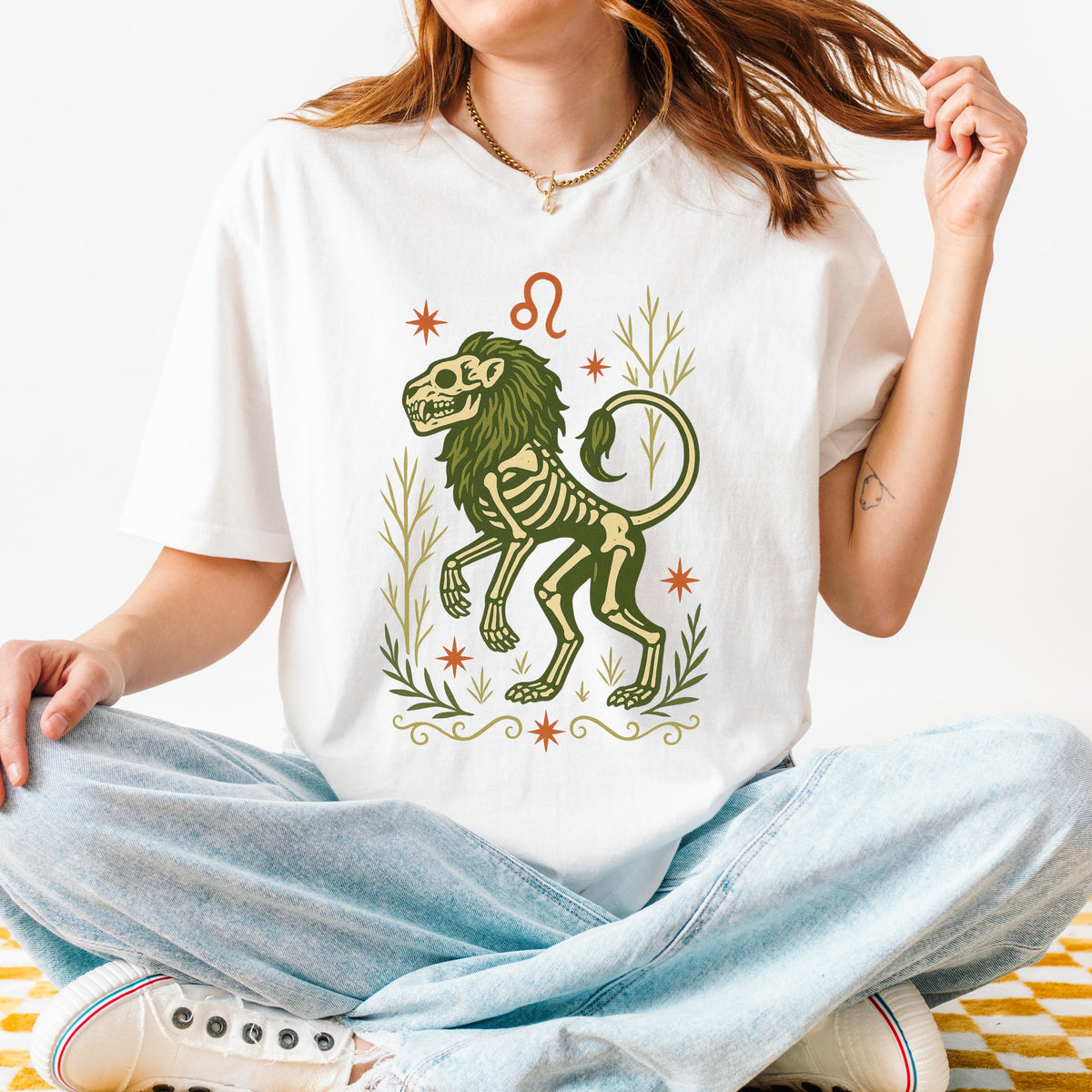 Product photo of Leo Zodiac Skeleton Lion Graphic T-shirt