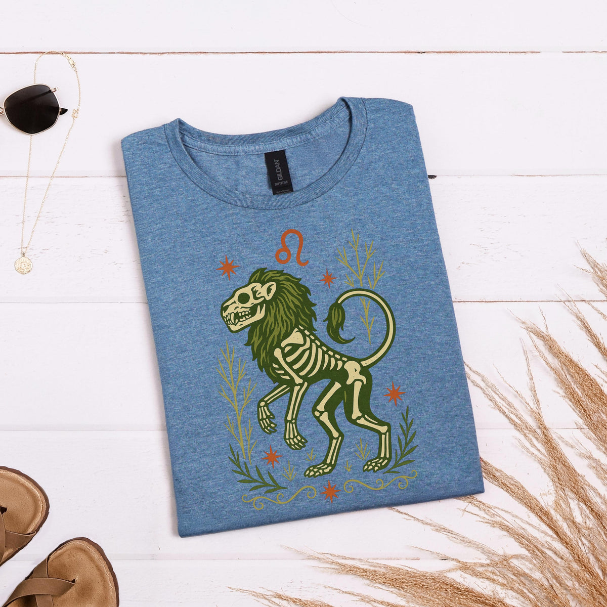 Additional photo of Leo Zodiac Skeleton Lion Graphic T-shirt