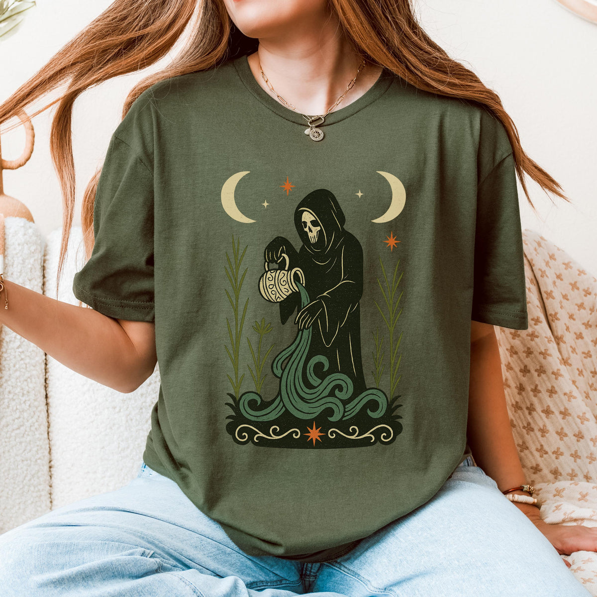 Additional photo of Aquarius Zodiac Grim Reaper Graphic T-shirt