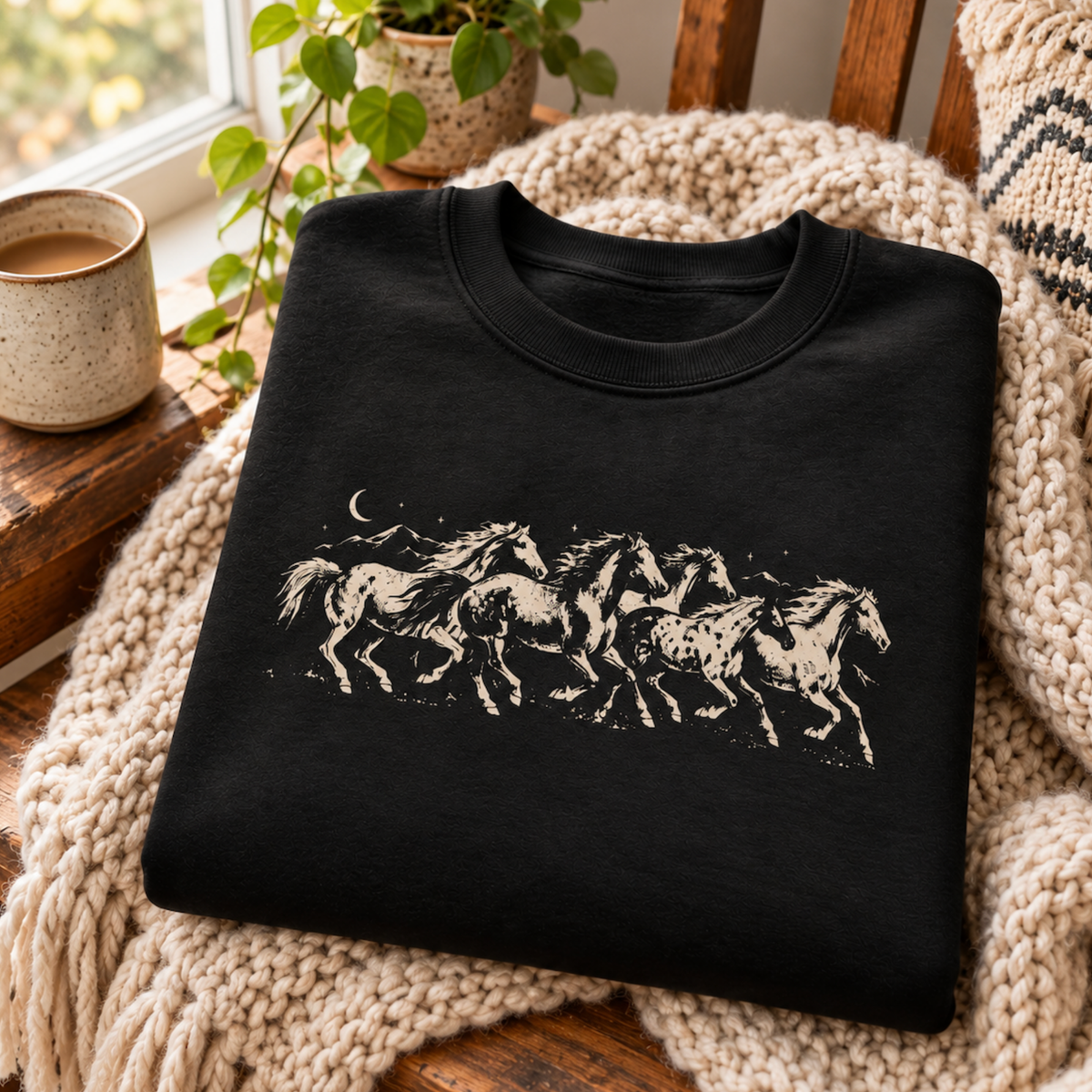 Wild Horses Sweatshirt, Vintage Western Running Horse Graphic, Celestial Equestrian Art