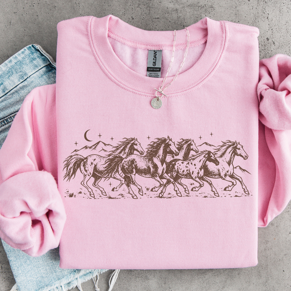 Wild Horses Sweatshirt, Vintage Western Running Horse Graphic, Celestial Equestrian Art