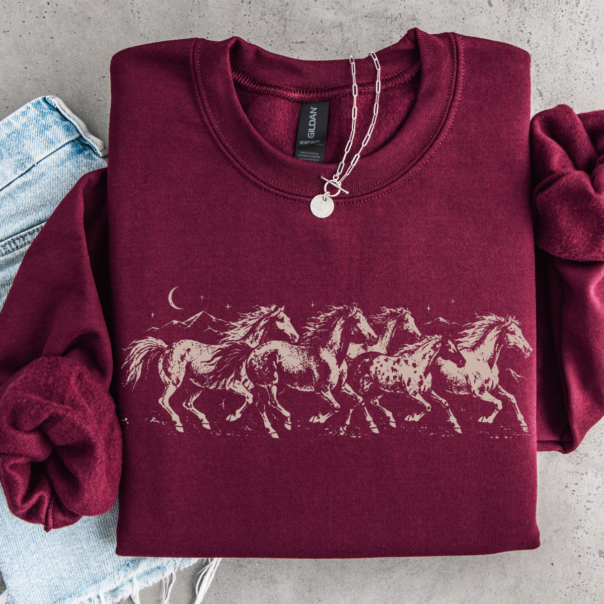 Wild Horses Sweatshirt, Vintage Western Running Horse Graphic, Celestial Equestrian Art