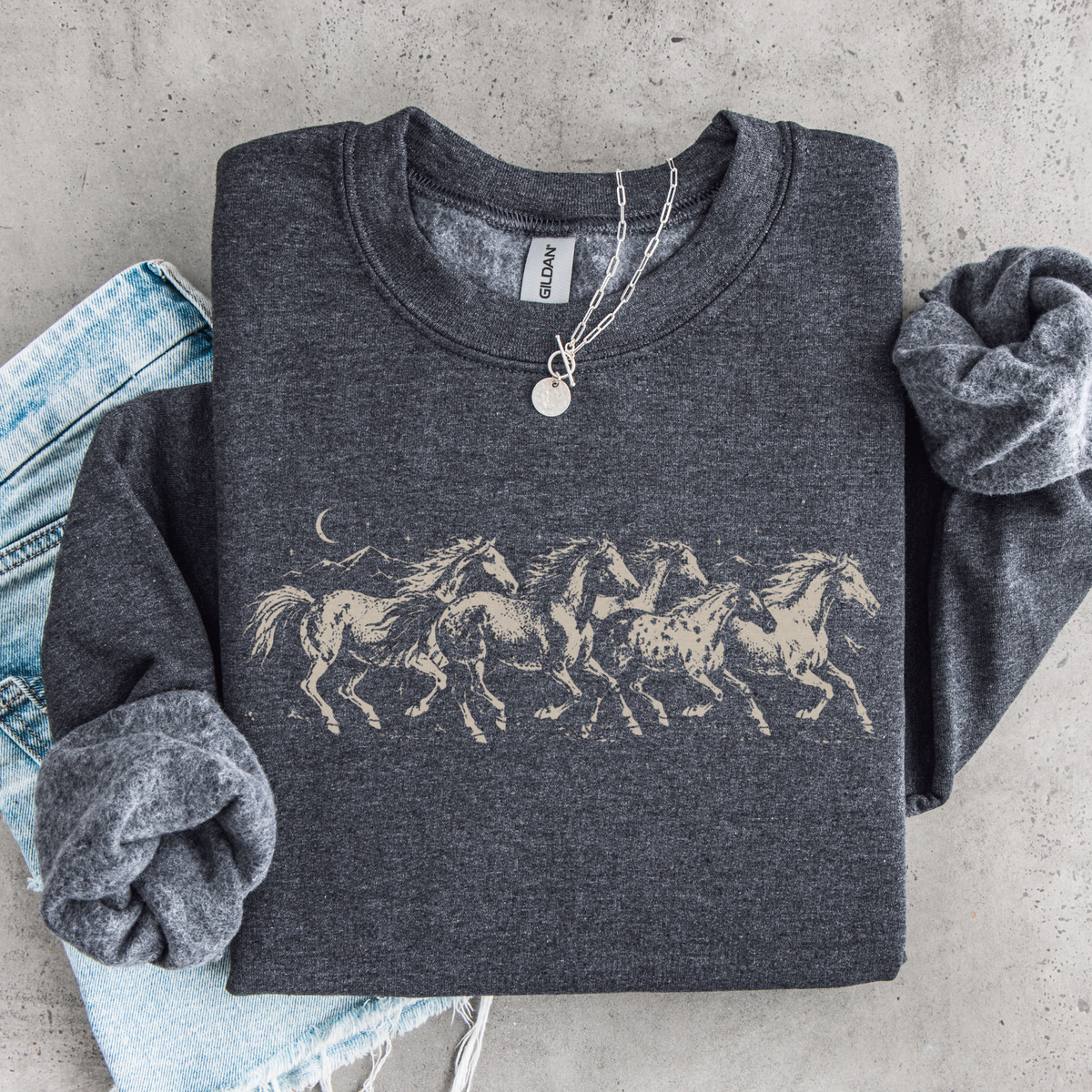 Wild Horses Sweatshirt, Vintage Western Running Horse Graphic, Celestial Equestrian Art