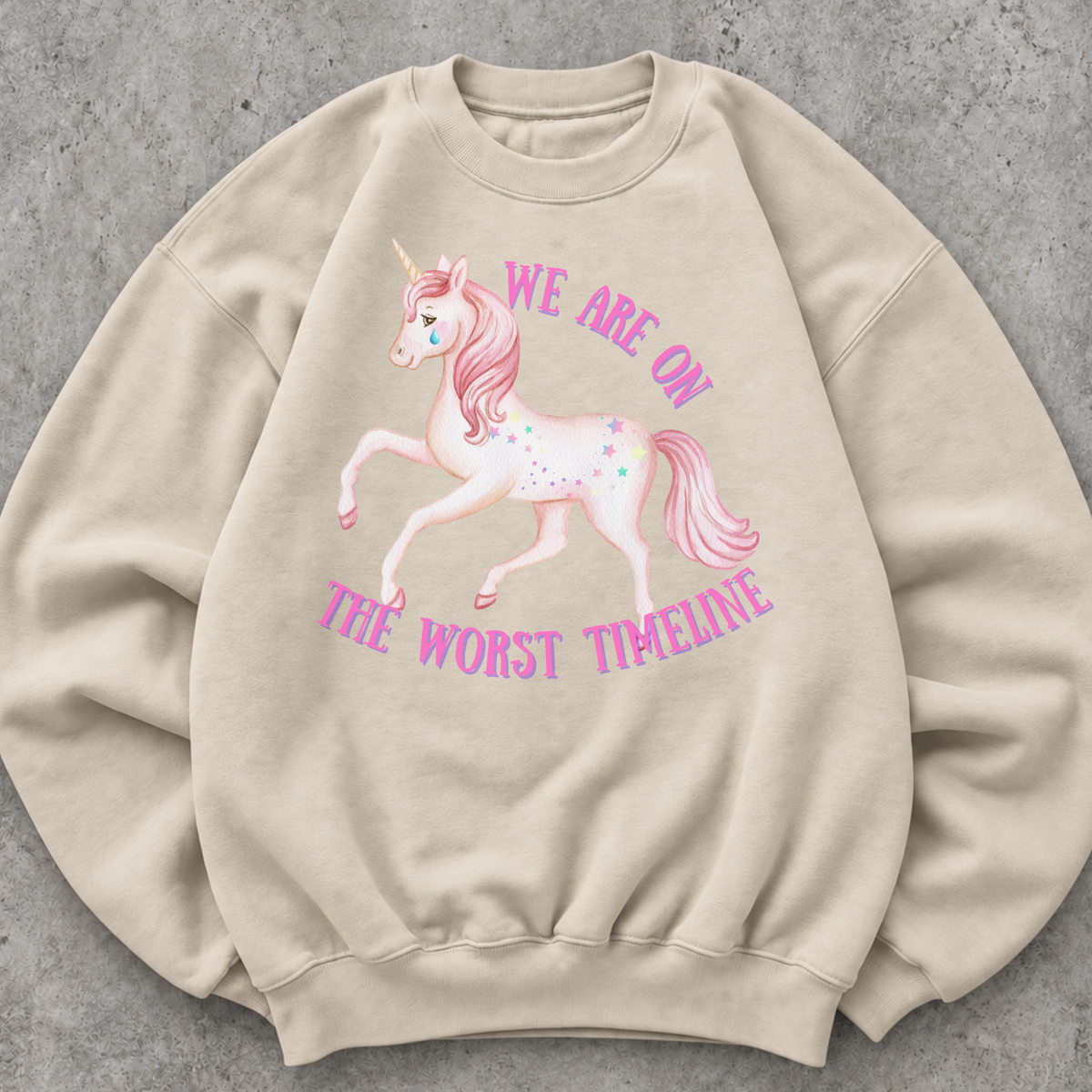 Worst Timeline Sweatshirt, Funny Unicorn Graphic, Existential Humor Crewneck