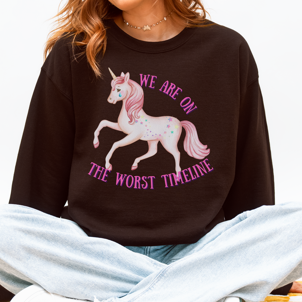Worst Timeline Sweatshirt, Funny Unicorn Graphic, Existential Humor Crewneck