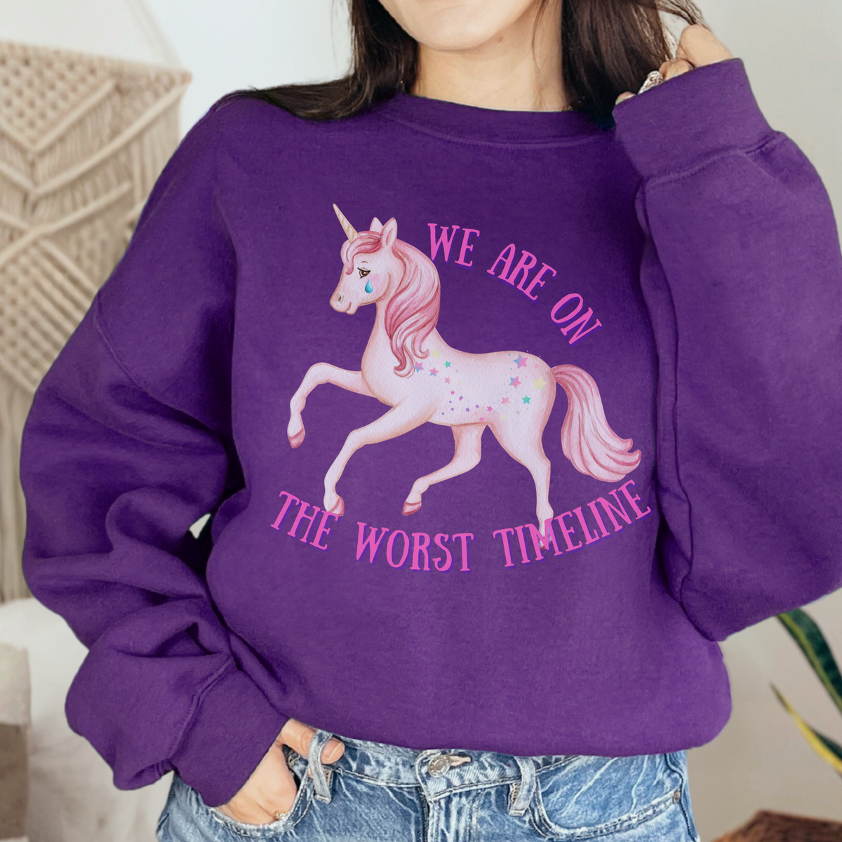 Worst Timeline Sweatshirt, Funny Unicorn Graphic, Existential Humor Crewneck