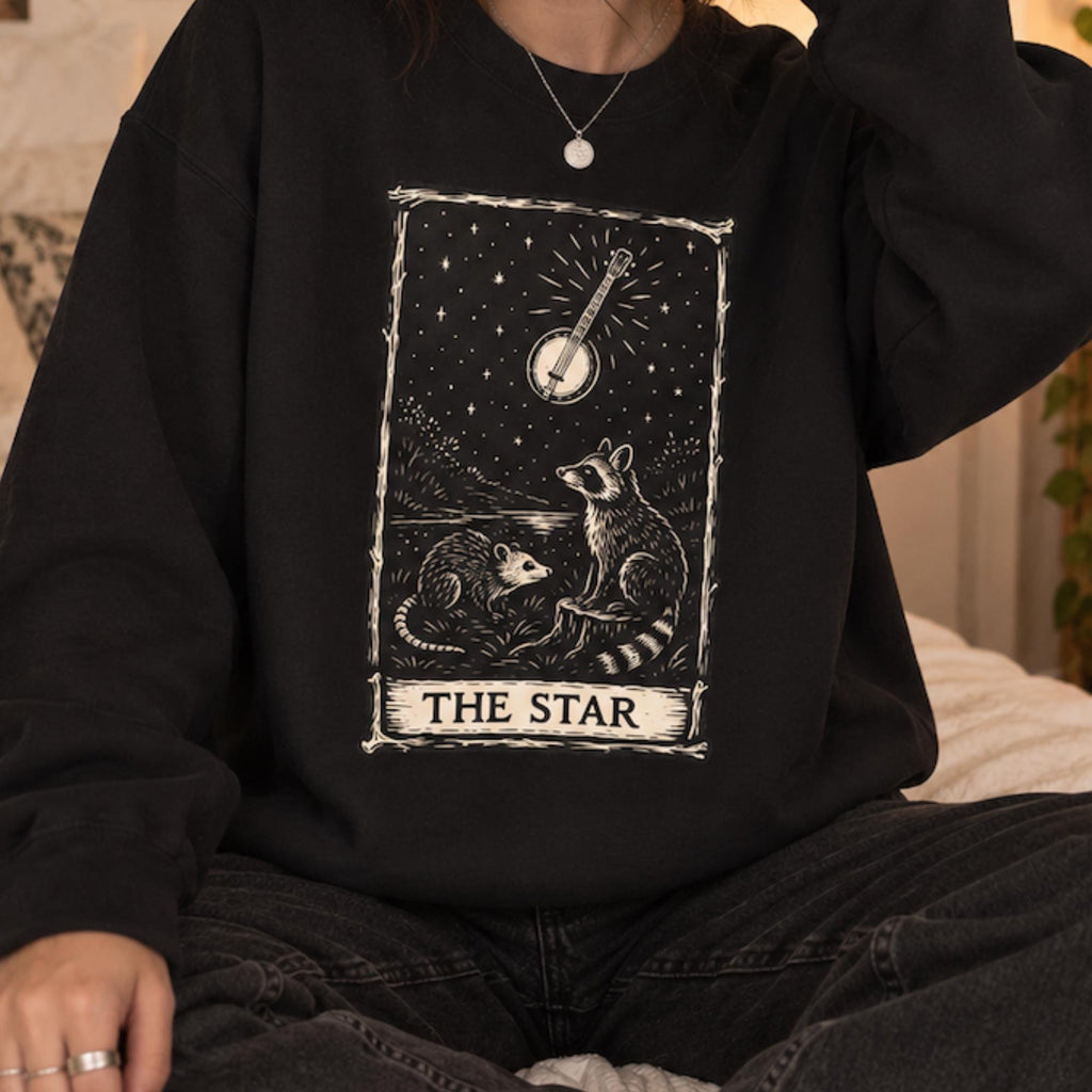 The Star Tarot Sweatshirt, Appalachian Raccoon & Possum Graphic, Banjo Folk Art