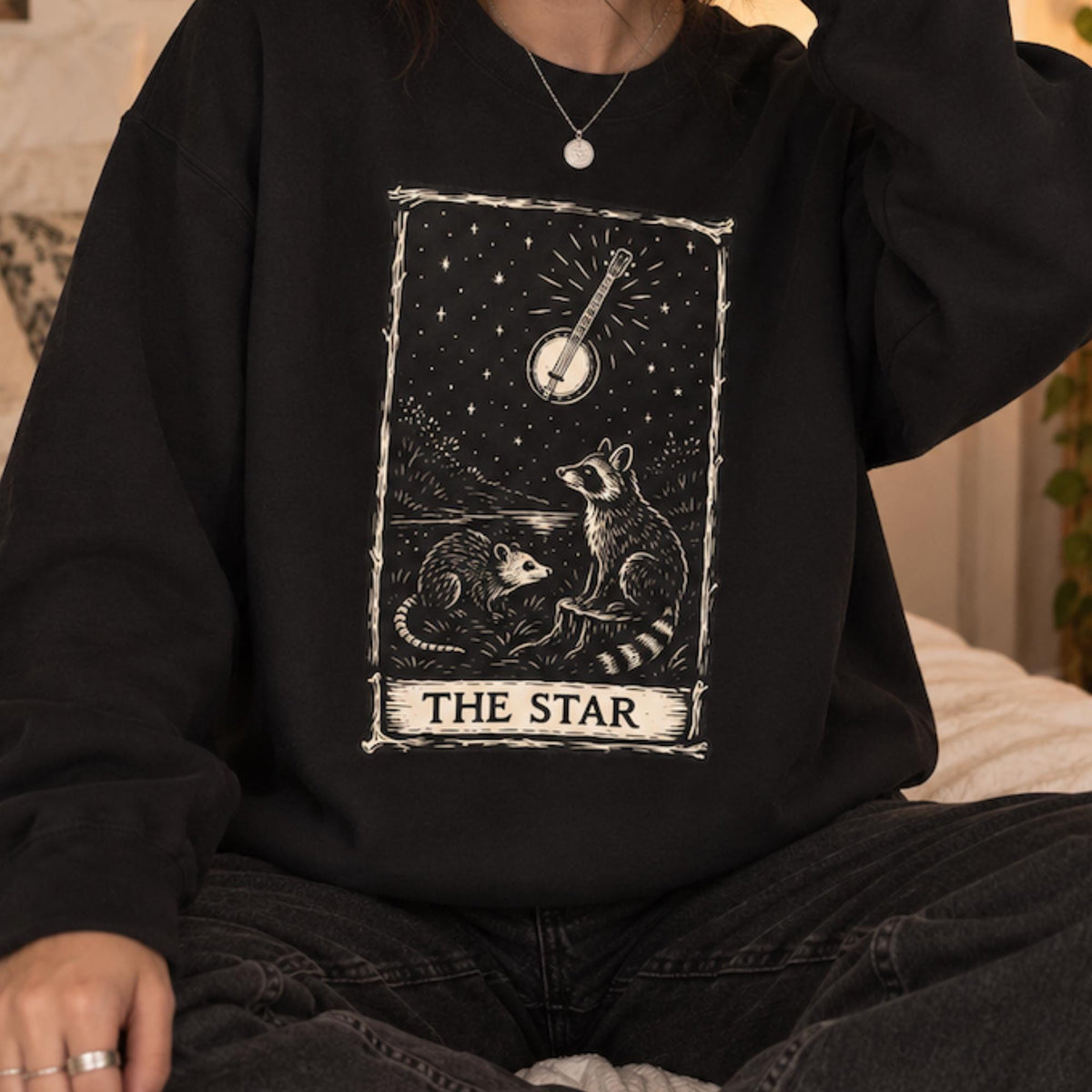 The Star Tarot Sweatshirt, Appalachian Raccoon & Possum Graphic, Banjo Folk Art