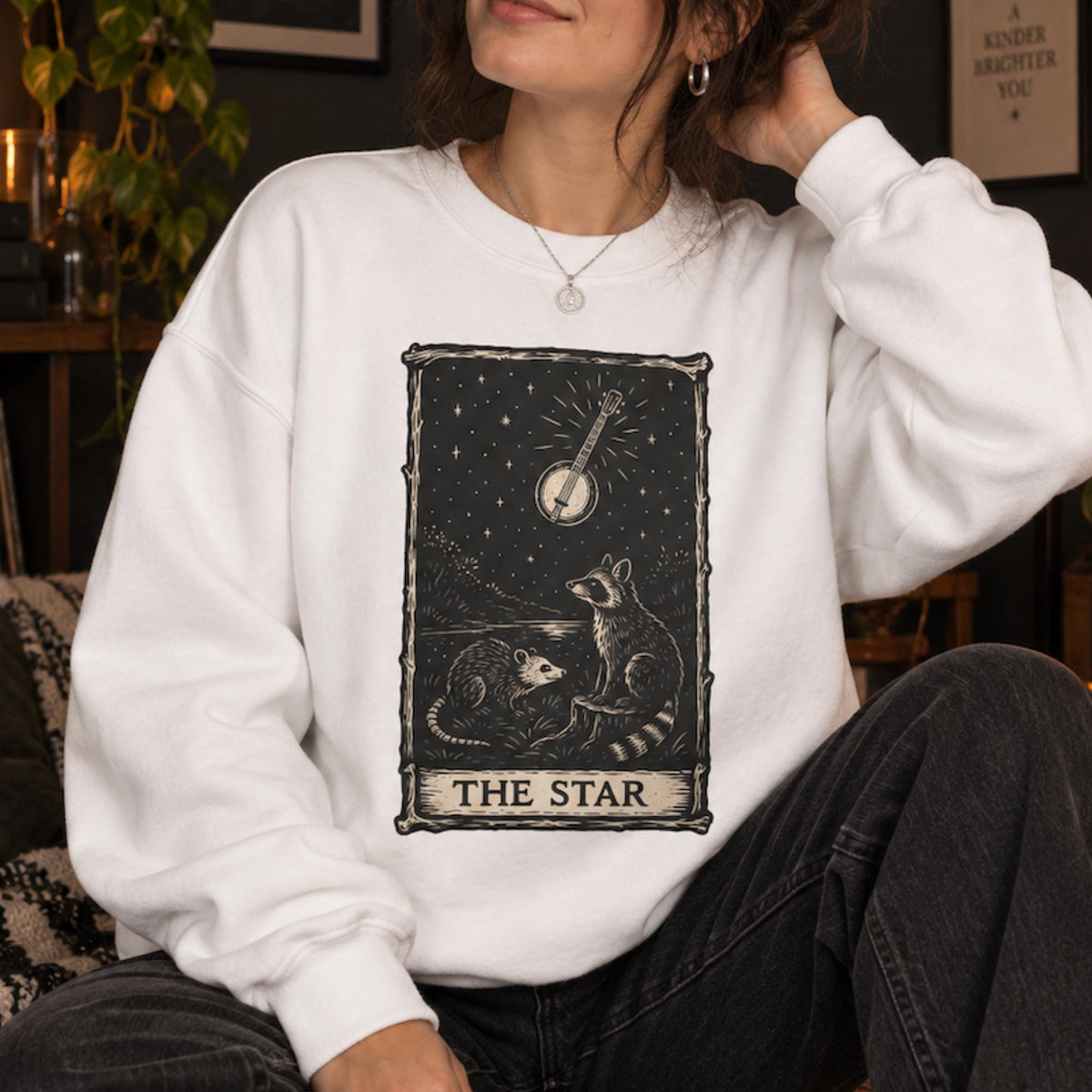 The Star Tarot Sweatshirt, Appalachian Raccoon & Possum Graphic, Banjo Folk Art