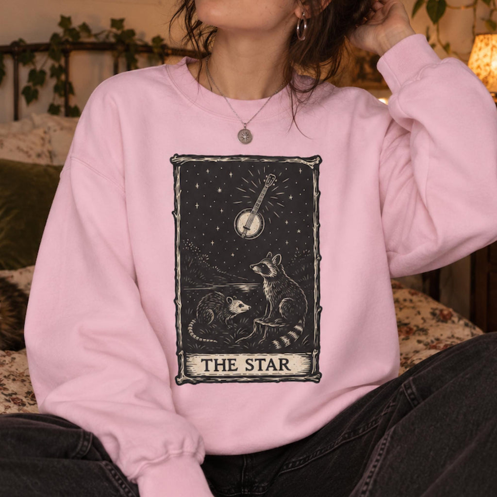 The Star Tarot Sweatshirt, Appalachian Raccoon & Possum Graphic, Banjo Folk Art